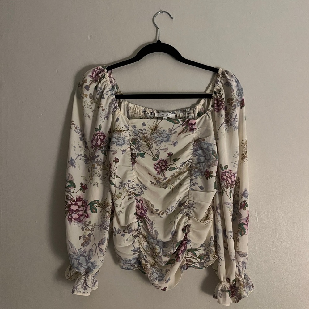 floral ruched corset style long sleeve blouse
